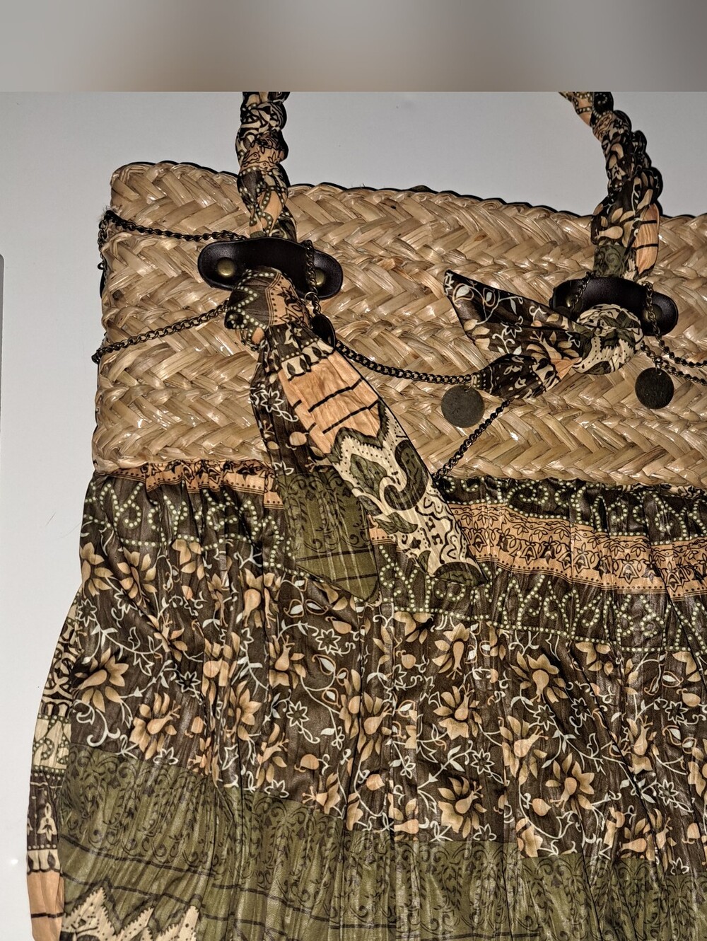 Boho Woven Straw and Olive Floral Tote Bag